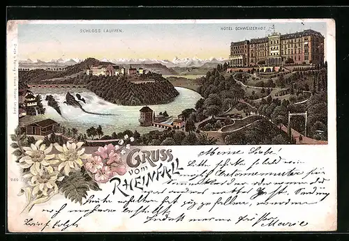 Lithographie Rheinfall, Hotel Schweizerhof und Schloss Laufen