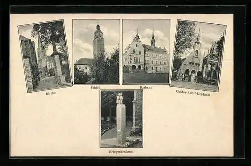 AK Lützen, Schloss, Rathaus und Kriegerdenkmal