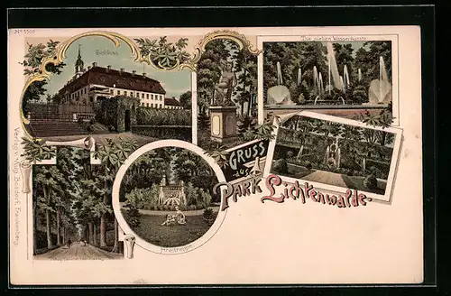 Lithographie Lichtenwalde, Ansicht vom Schloss, Freitreppe, Die sieben Wasserkünste