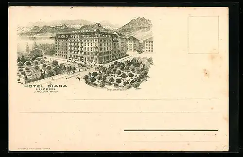 AK Luzern, Hotel Diana J. Müller mit Sempacherstrasse / Murbacherstrasse und Englischem Garten