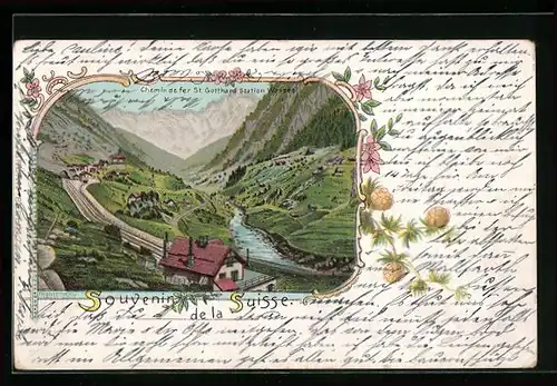 Lithographie Wassen, Chemin de fer St. Gotthard Station Wassen