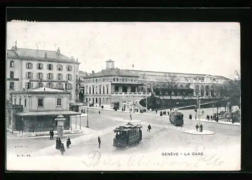 AK Geneve, La gare, Strassenbahnen vor dem Bahnhof