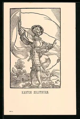 Lithographie Kanton Solothurn, Schweizer Soldat mit Fahne