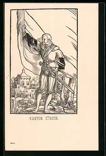 Lithographie Kanton Zürich, Schweizer Soldat mit Fahne und Schwert