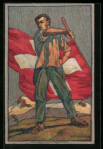 Künstler-AK Schweiz, Schweizer Bundesfeier 1912, Schweizer mit Flagge