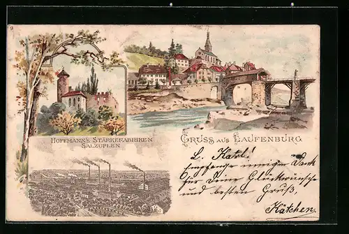 Lithographie Laufenburg, Ortsansicht mit Hoffmann`s Stärkefabriken Salzuflen