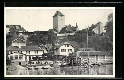 AK Murten, Restaurant-Pension des Bains, vom Wasser gesehen