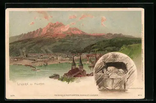 Lithographie Luzern, Teilansicht mit Pilatus, Löwendenkmal