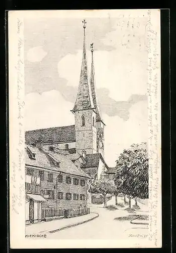 Künstler-AK Luzern, Die Hofkirche, Zeichnung von Schülern der Kantonsschule