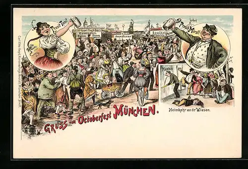 Lithographie München, Prosit Toni! - Prosit Mirzl!, Oktoberfest, Heimkehr von der Wiesen