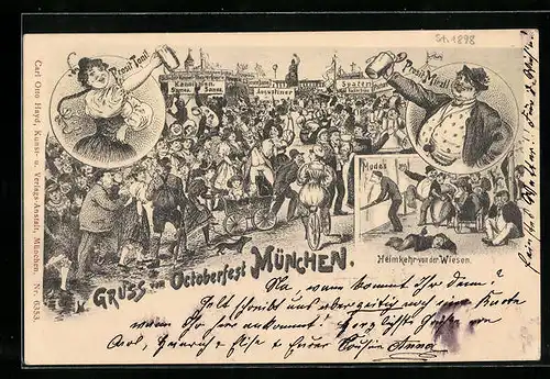 Lithographie München, Oktoberfest, Prosit Mirzl! - Prosit Toni!, Heimkehr von der Wiesen