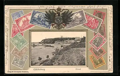 Passepartout-Präge-AK Glücksburg, Strand mit Dampfer, Briefmarken