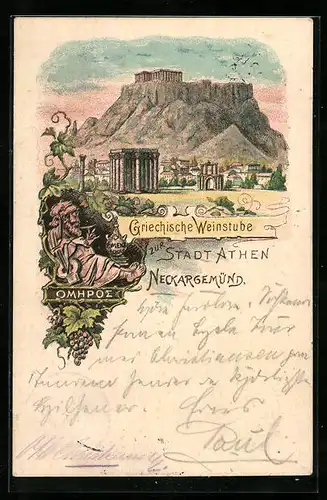 Lithographie Neckargemünd, Griechische Weinstube zur Stadt Athen, Ansicht der Akropolis
