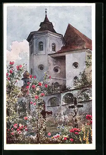 Künstler-AK E.F. Hofecker: Traunkirchen, Rosenbüsche am Kloster