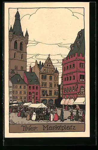 Steindruck-AK Trier, Marktplatz mit Marktbetrieb