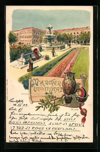 Lithographie München, Universität und Eule