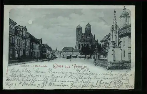 Mondschein-AK Prenzlau, Marktplatz und Marienkirche