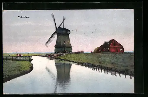 Künstler-AK Photochromie Nr. 2956: Volendam, Flusspartie mit Windmühle