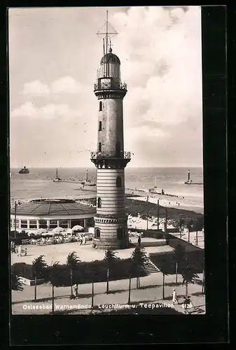 AK Warnemünde, Leuchtturm und Teepavillon