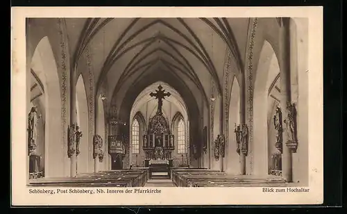 AK Schönberg i. Niederbayern, Nb. Inneres der Pfarrkirche, Innenansicht, Blick zum Hochaltar