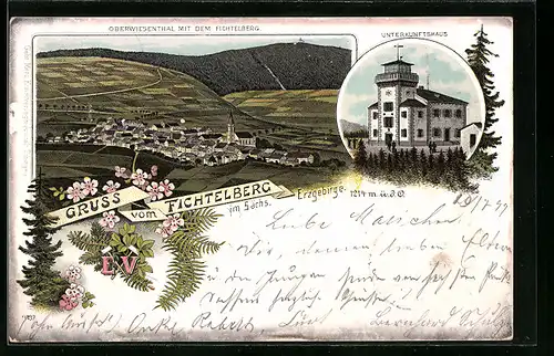 Lithographie Oberwiesenthal, Panoramaansicht mit Fichtelberg, Unterkunftshaus