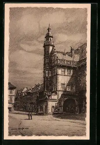 Künstler-AK Schweinfurt, Rathaus mit Passanten