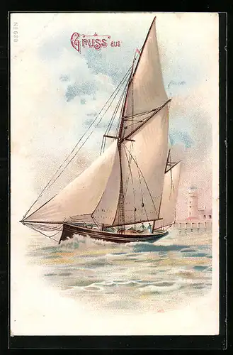 Lithographie Segelyacht in nähe eines Leuchtturms