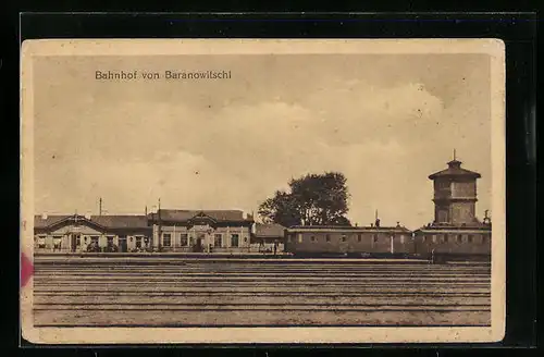 AK Baranowitschi, Bahnhof mit Eisenbahn und Turm