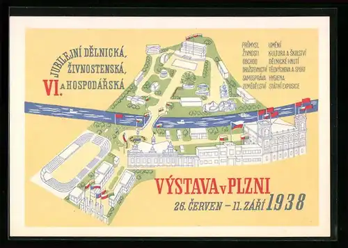 AK Plzen, Vystava 1938, Ausstellungsgelände aus der Vogelschau