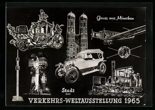 AK München, Verkehrs-Ausstellung 1965, Frauentürme, Verkehrsmittel