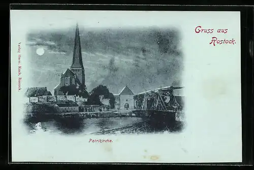 Mondschein-AK Rostock, Blick auf die Petrikirche