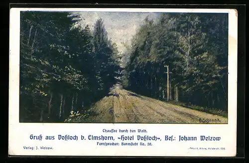 Künstler-AK Vossloch b. Elmshorn, Hotel Vossloch von Johann Welzow, Chaussée durch den Wald