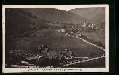 AK Wald, Meierei R. v. Guttmann mit Ort aus der Vogelschau