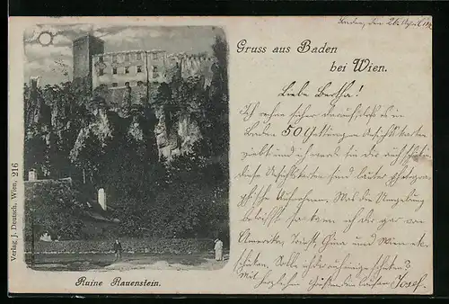 Mondschein-AK Baden bei Wien, Ruine Rauenstein