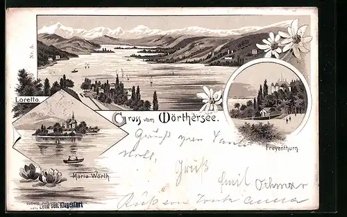 Lithographie Maria Wörth, Wörthersee, Schloss Freyenthun, Loretto, Blick zur Insel Maria Wörth