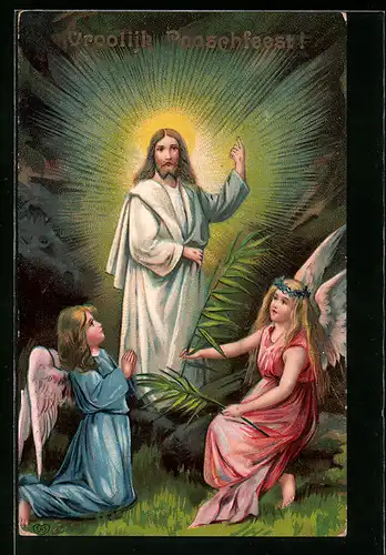 AK Osterengel mit auferstandenem Christus