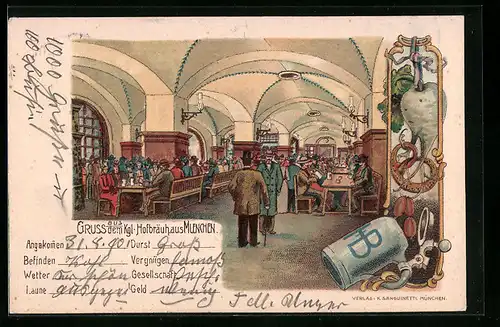 Lithographie München, Gaststätte Hofbräuhaus, Innenansicht mit Gästen, Bierkrug, Radi