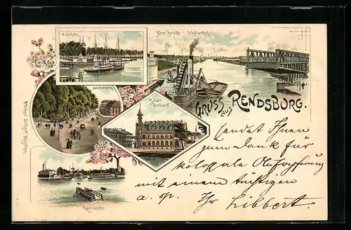 Lithographie Rendsburg, Neue Brücke-Schützenhof, Karlshütte, kaiserl. Postamt