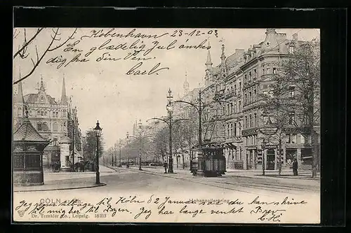 AK Köln, Strassenbahn auf dem Hohenzollernring, Litfasssäule, Pferdekutsche