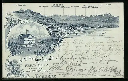 Vorläufer-Lithographie Bregenz, 1895, Hotel Pension Pfänder, Panorama mit Ort und Alpen