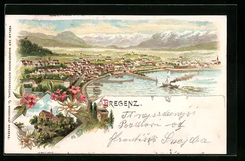 Lithographie Bregenz, Ortsansicht aus der Vogelschau mit Bodensee