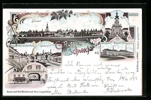 Lithographie Schwechat, Ortsansicht, Pfarrkirche, Farbenfabrik, Bräuhaus