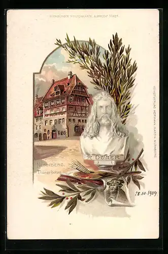 Passepartout-Lithographie Nürnberg, Blick auf das Dürerhaus und Dürer-Büste