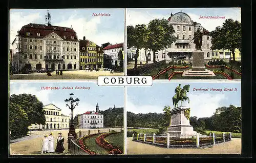 AK Coburg, Marktplatz, Josiasdenkmal, Hoftheater mit Palais Edinburg