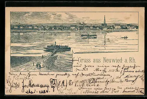 Vorläufer-Lithographie Neuwied a. Rh., 1895, An der Fähre, Blick auf den Ort