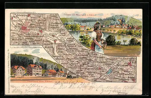 Lithographie Titisee, Ortsansicht mit Schwrzwälderin, Landkarte, Gasthaus zum Bären