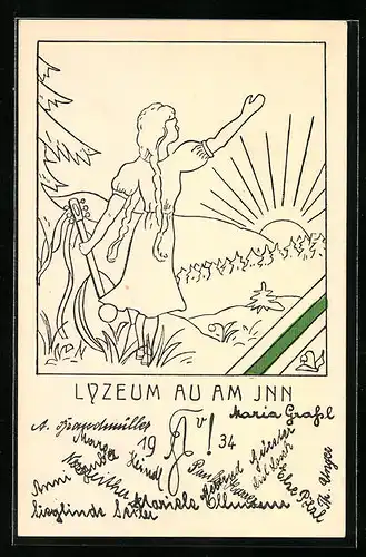 Künstler-AK Au am Inn, Lyzeum 1934, Winkendes Mädchen mit Laute, studentische Szene