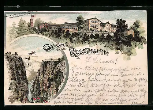 Lithographie Thale, Hotel zur Rosstrappe mit Winzenburg, Rosstrappfelsen