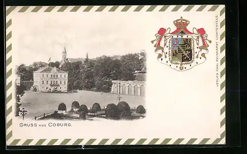 AK Coburg, Ortsansicht mit Wappen