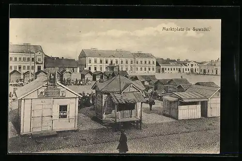 AK Suwalki, Marktplatz mit Buden aus der Vogelschau